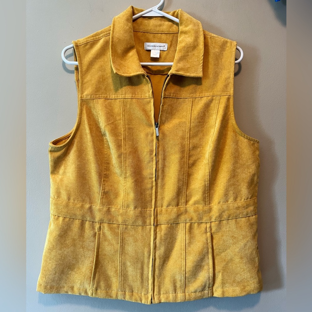 Christopher&Banks size L micro corduroy marigold colored zip up vest pockets.